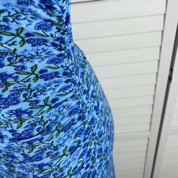 J Peterman Blue Floral Secret Keeper Dress Ruched Long Sleeve‎ Lined Knit Size S - Picture 2 of 4